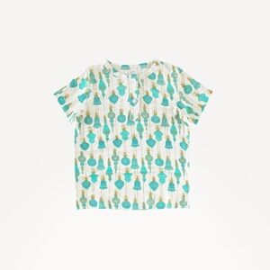NWT 5Y Kate Quinn Short Sleeve Basic Henley Tee T-Shirt Aqua Vintage Ornaments